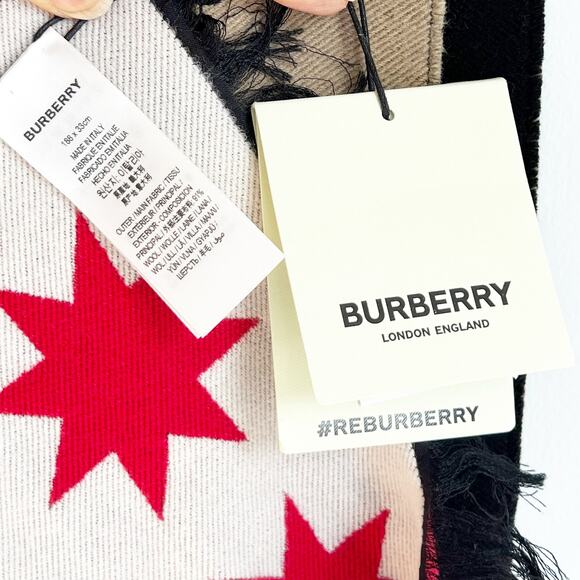 Burberry Logo Pattern Wool-Silk Football Scarf Fringe One Size NWT - Picture 10 of 12